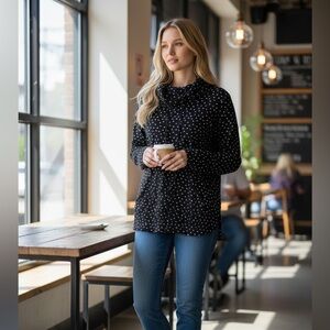 Lexington Avenue Top Black/White Polka Dot Cowl Neck Kangaroo Pocket Sz 1X  NWT